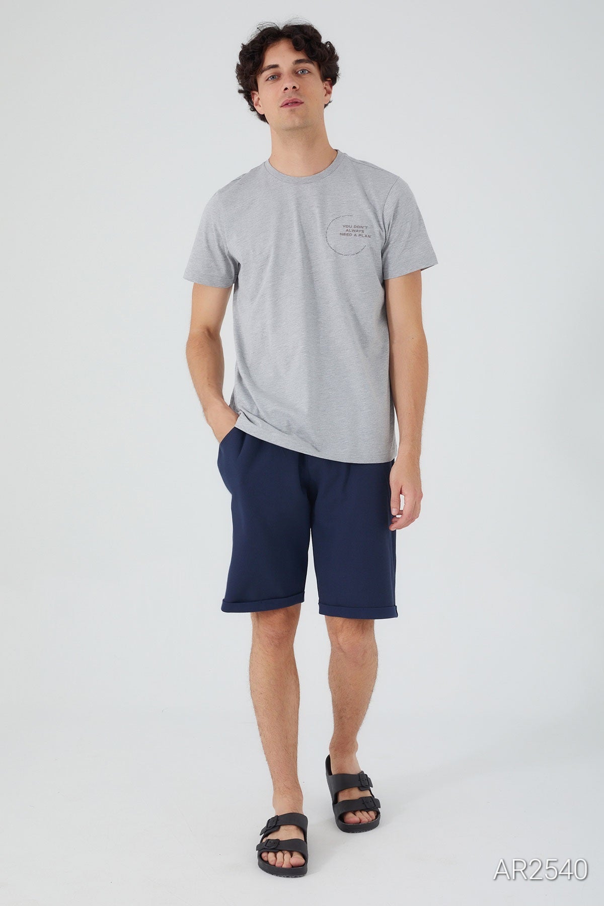 Popjammies Men's Pajama Set, highlighting the grey T-shirt and blue shorts.