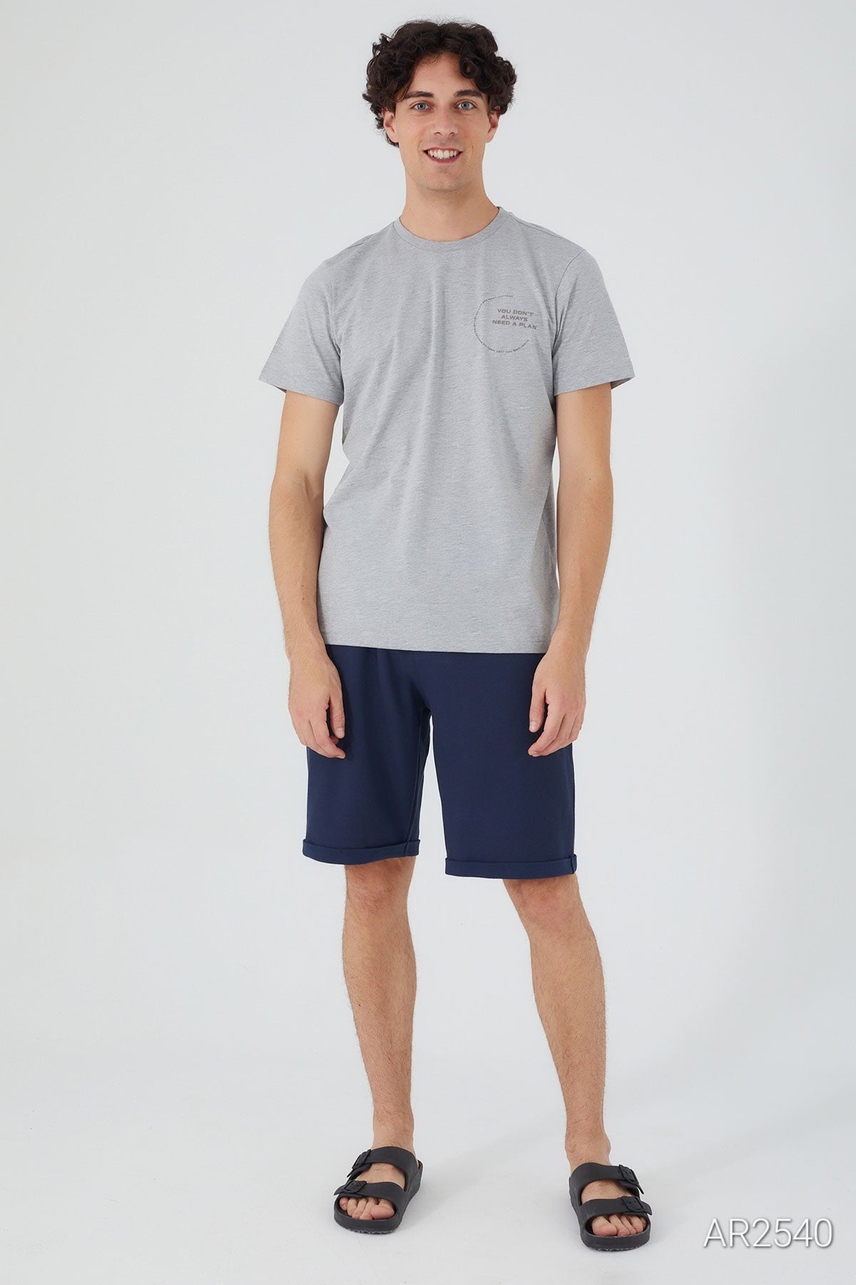 Popjammies Men's Pajama Set featuring a grey T-shirt and blue shorts, front view.