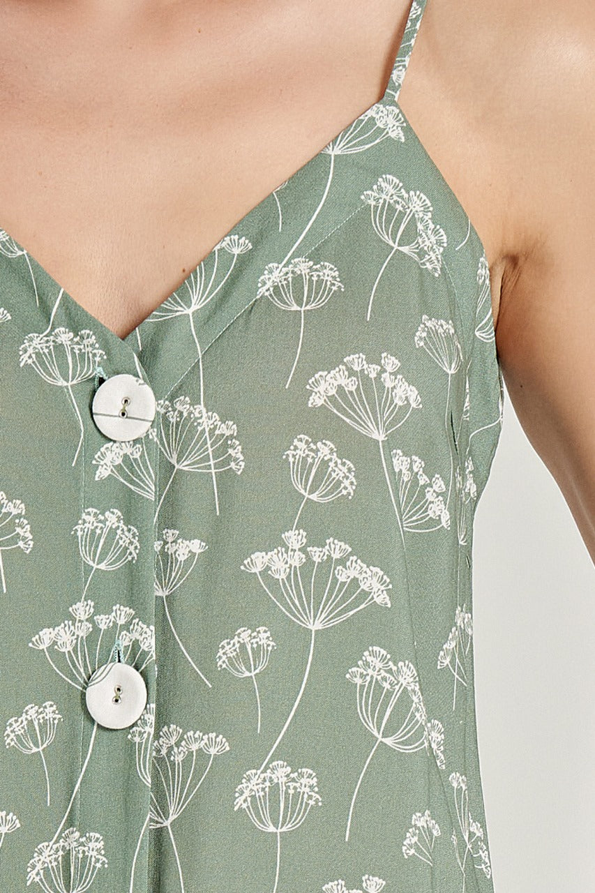 Close-up of a green floral-patterned pyjama top with white buttons.