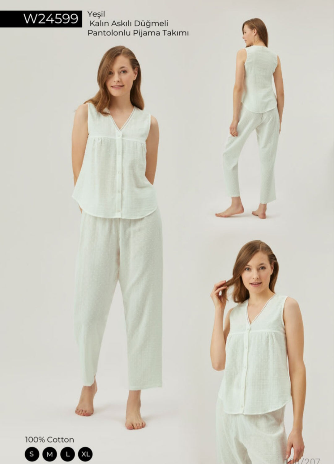 Model wearing Popjammies Green Sleeveless Buttoned Pyjama Set, featuring a V-neckline and loose-fitting trousers, made from 100% cotton for breathable comfort.