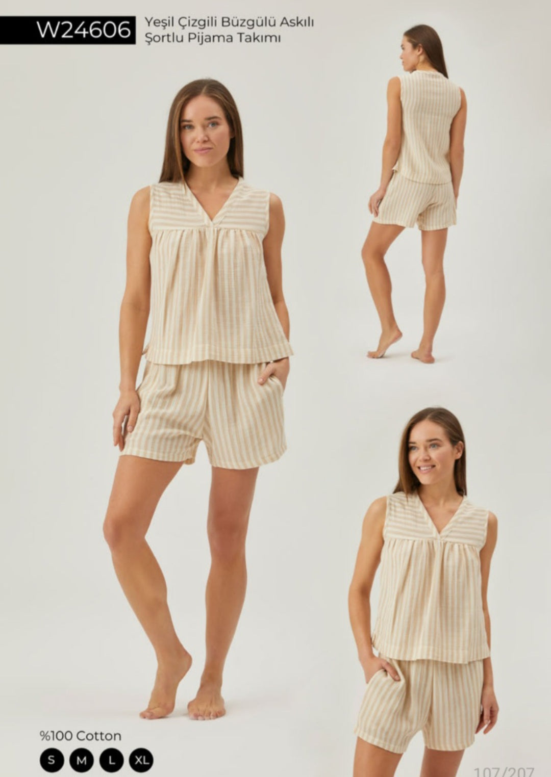 Woman wearing a beige and white striped sleeveless top and shorts pajama set