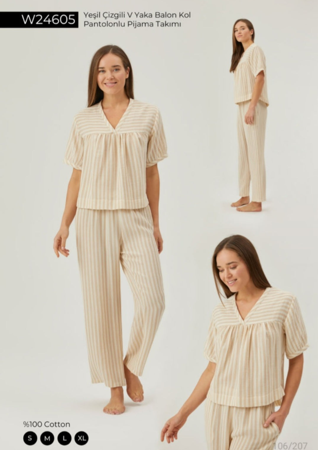 Model wearing Popjammies Beige Striped V-Neck Balloon Sleeve Pyjama Set, featuring a 100% cotton fabric for comfort and breathability, with stylish balloon sleeves and straight-leg trousers.