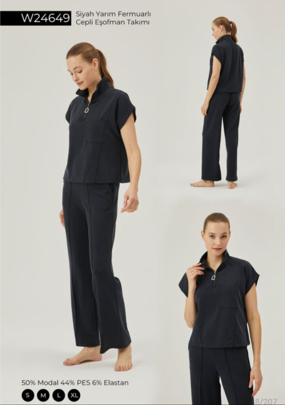 Model wearing Popjammies Black Half-Zip Pocketed Lounge Set featuring a comfortable half-zip top and relaxed-fit pants, perfect for lounging or casual outings.