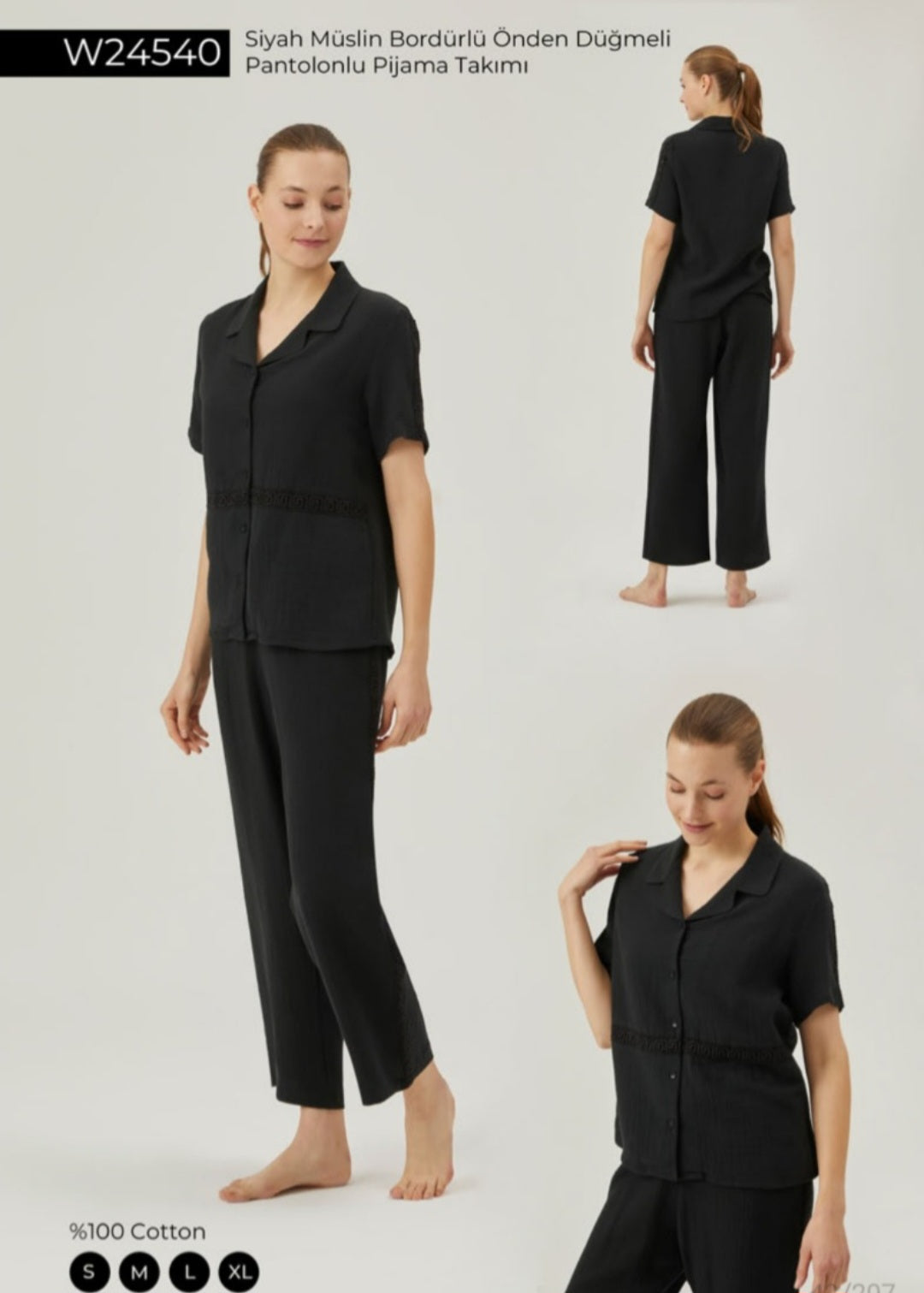 Model wearing Popjammies Black Muslin Button-Front Pyjama Set, featuring a button-front top with lace detailing and wide-leg pants, made from 100% cotton muslin for elegant and comfortable loungewear.