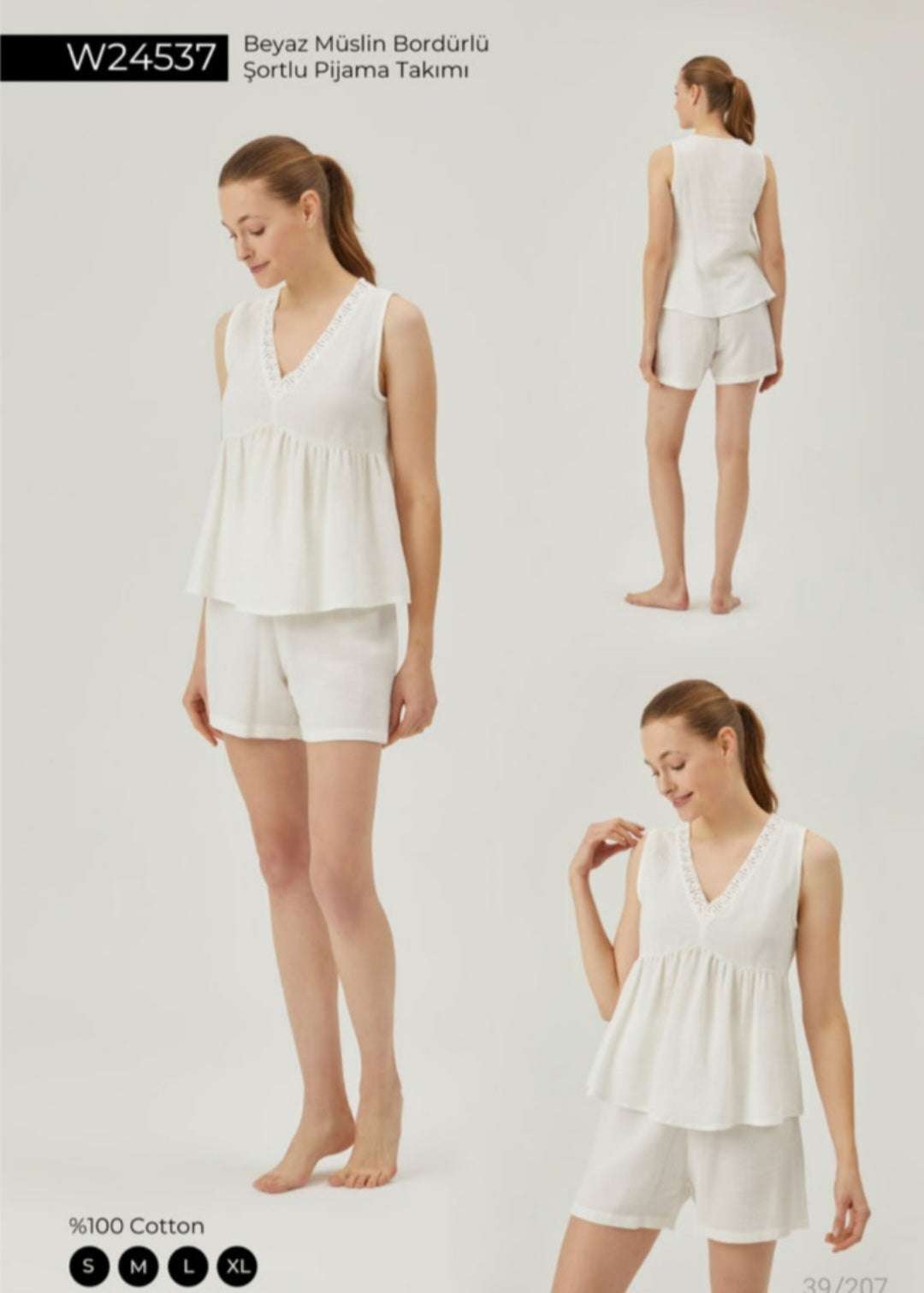 Popjammies white muslin pajama set with lace trim.