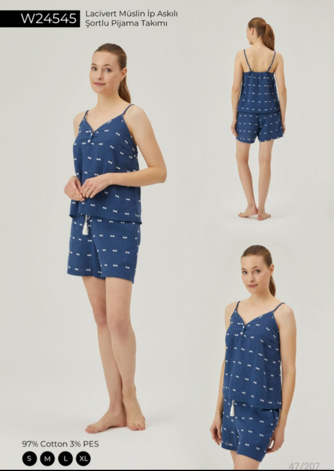 Popjammies navy blue muslin pajama set with adjustable straps.