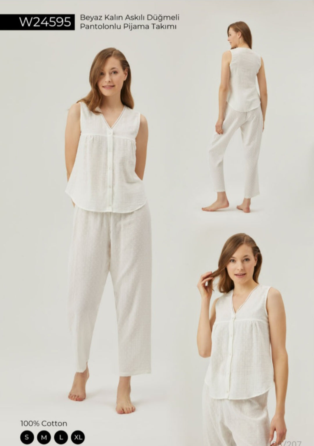 Model wearing Popjammies White Cotton Sleeveless Button-Up Pyjama Set, showcasing a relaxed fit top with thick straps and a button-up front, paired with loose, comfortable trousers.