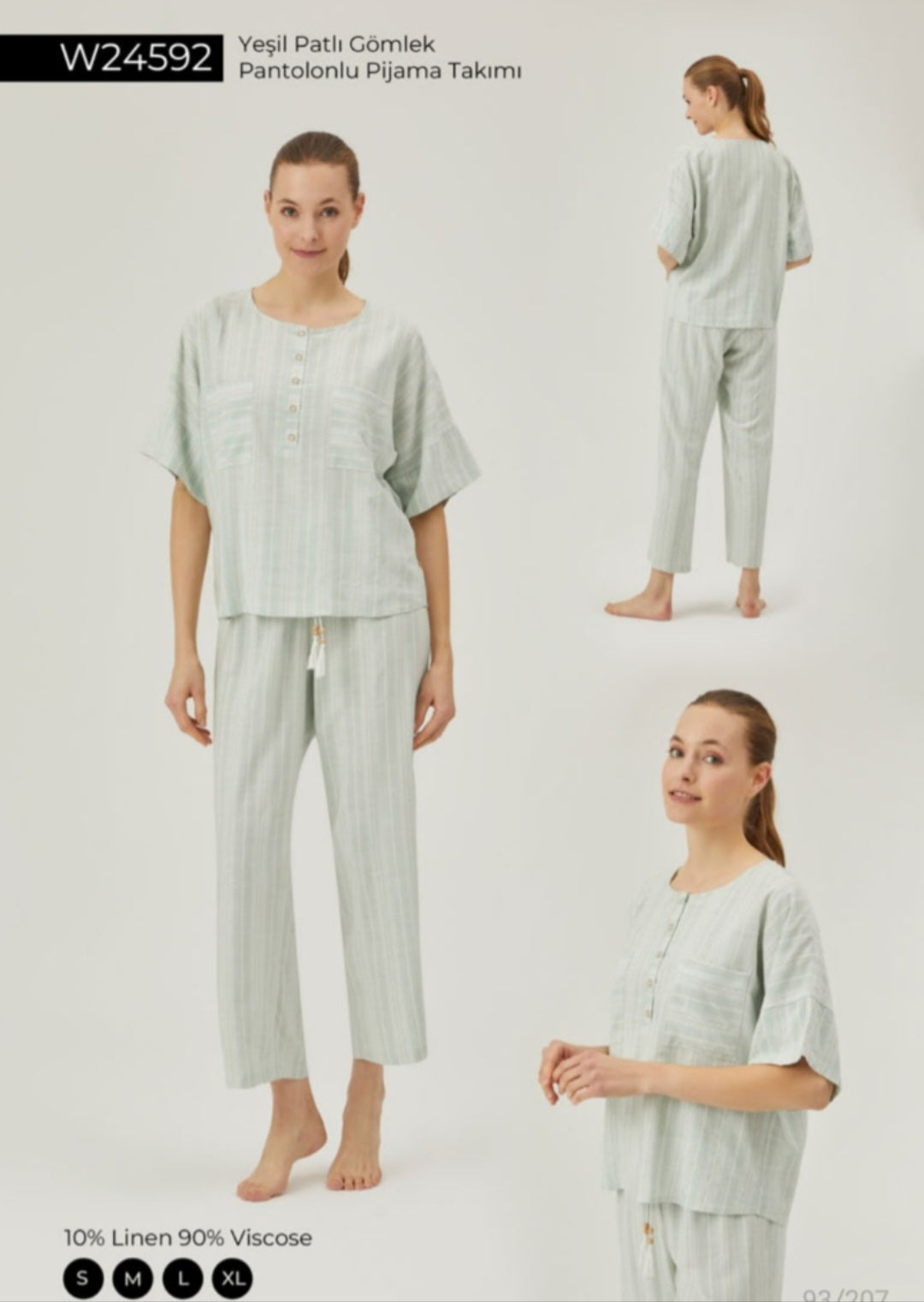 Model wearing Popjammies Green Button-Down Shirt and Pants Pyjama Set with a subtle striped pattern, featuring a loose-fit button-down shirt and matching straight-leg trousers made from a linen and viscose blend.