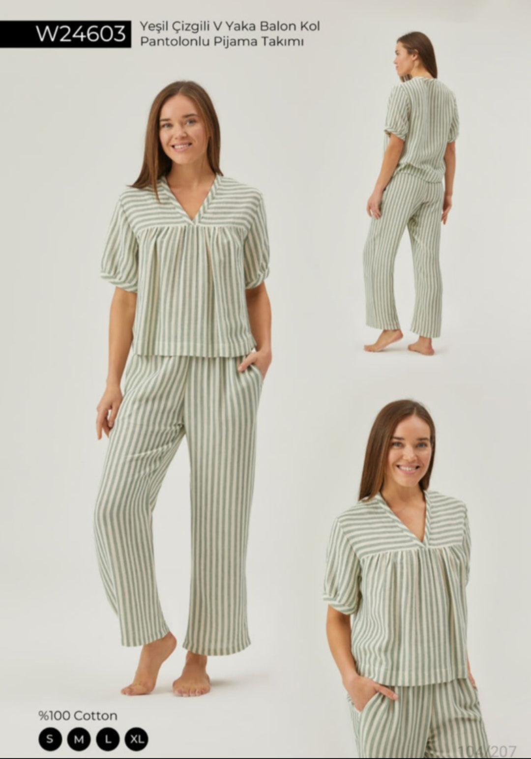 Model wearing Popjammies Green Striped Balloon Sleeve V-Neck Pyjama Set, showcasing a relaxed fit top with a V-neckline and matching loose-fit trousers made from 100% cotton.