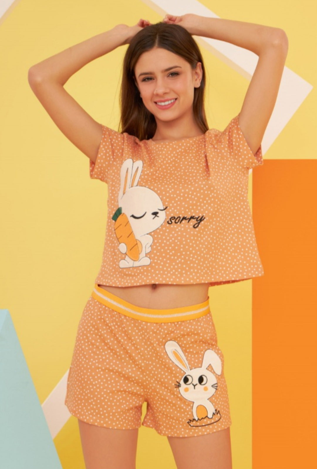 Women's 'Sorry Bunny' pajama set with a cropped top featuring a bunny graphic and matching shorts.