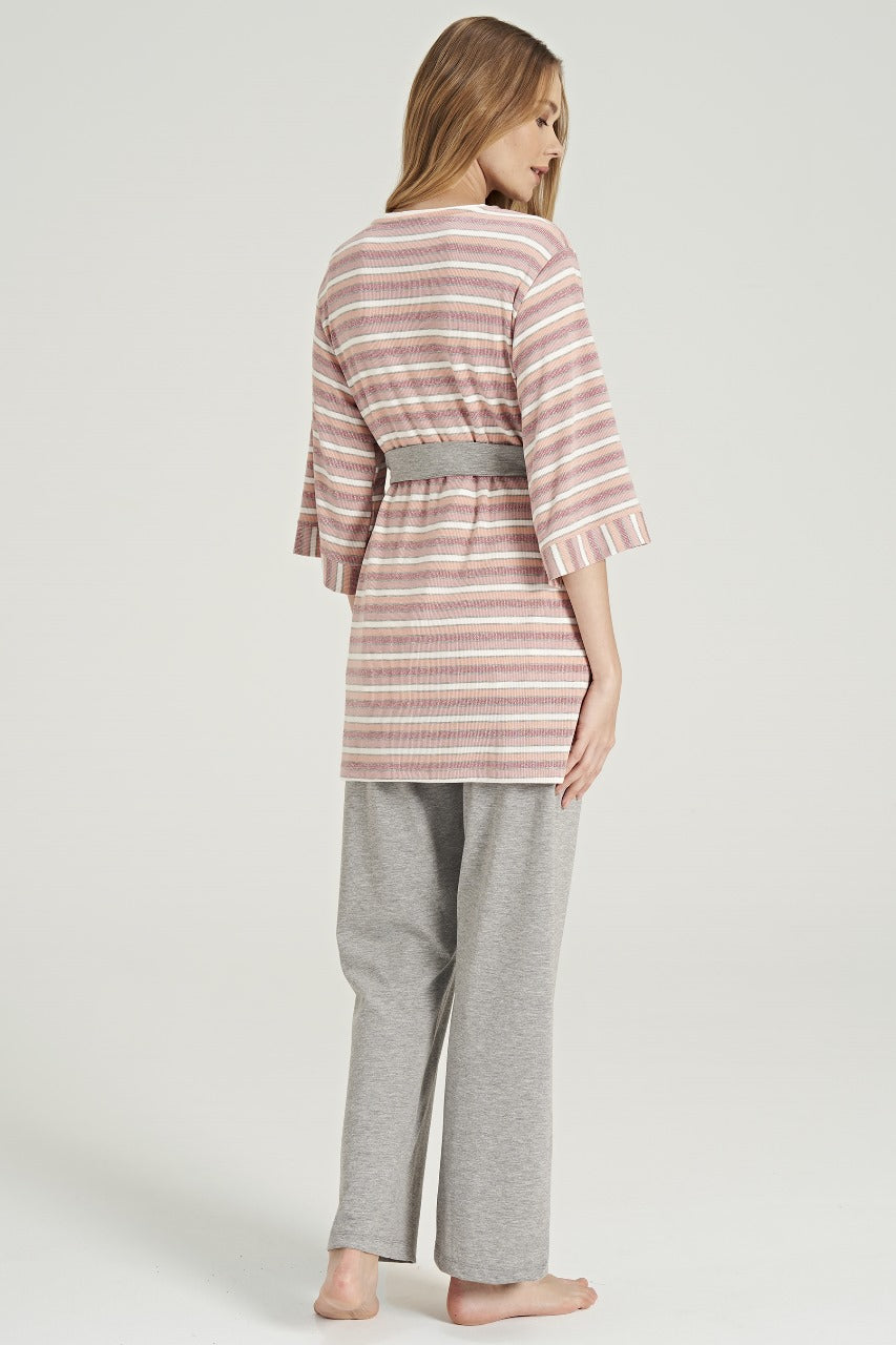 Back view of Popjammies Cozy Striped Maternity Pajama Set in pink and grey.