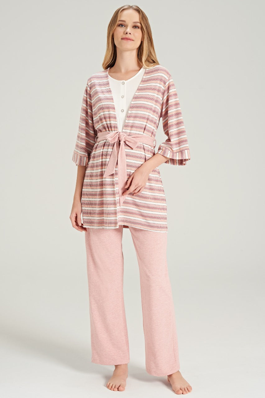 Woman wearing Popjammies Cozy Striped Maternity Pajama Set with pink cardigan and pants.