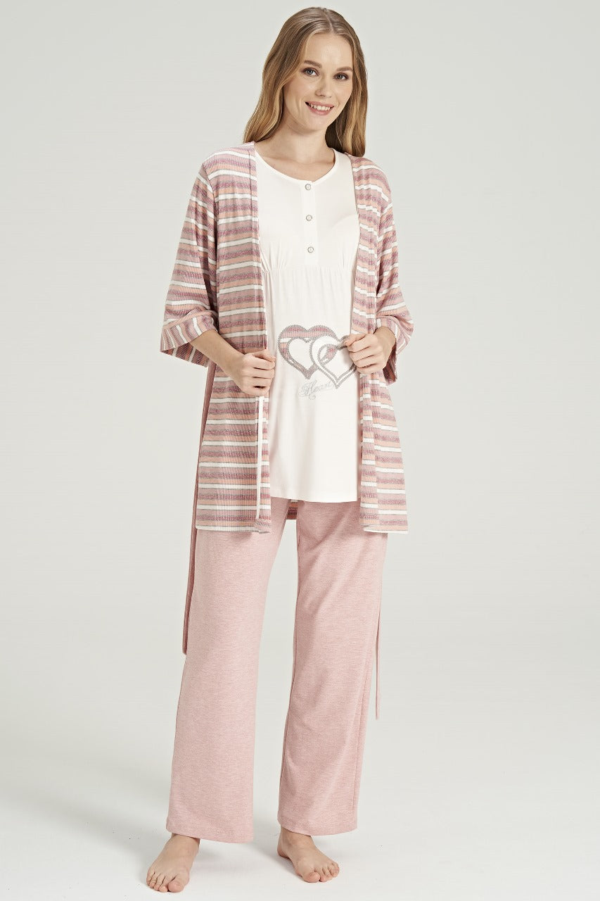 Woman modeling Popjammies pajama set with striped cardigan and white top.