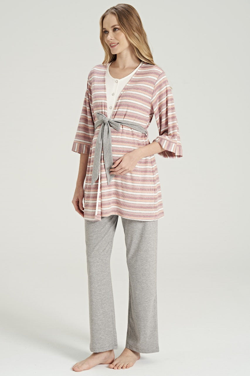 Woman in Popjammies maternity pajama set, showcasing the front details of the cardigan and top.