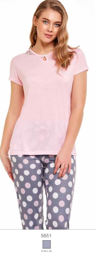 Popjammies stylish pink and polka dot pyjama set with a delicate pink top featuring a keyhole detail and lace accents, paired with grey pants with pink and white polka dots.