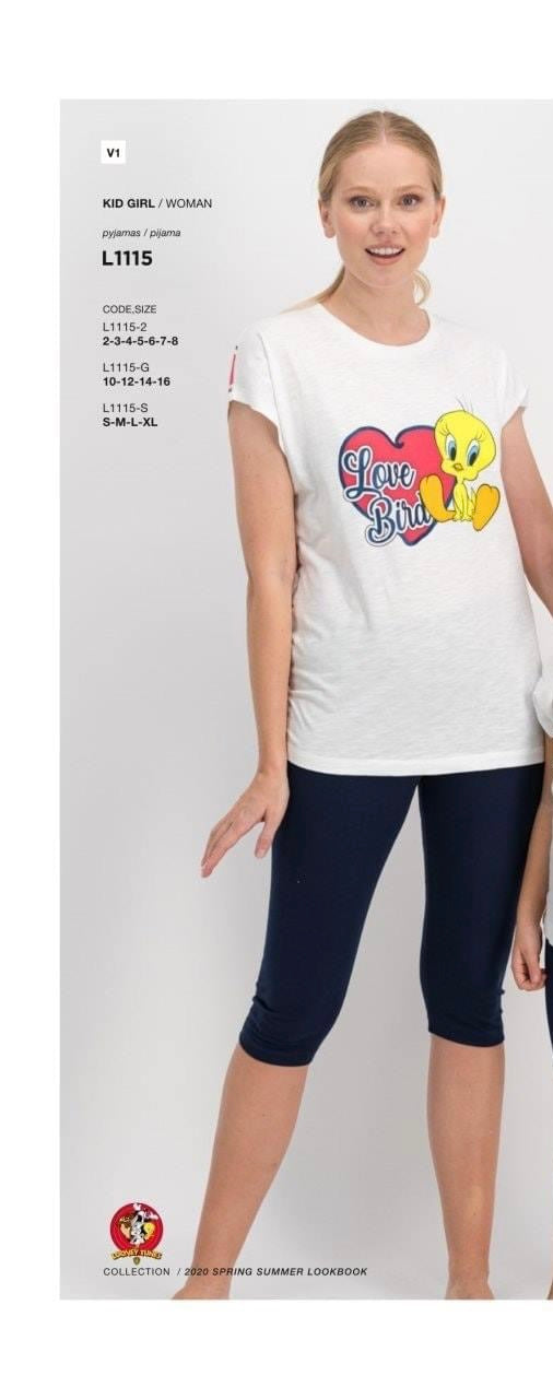 Woman wearing a white short-sleeve top with a Tweety and "Love Bird" print, paired with navy capri pants from the Popjammies Women's Tweety Love Bird Pyjama Set.